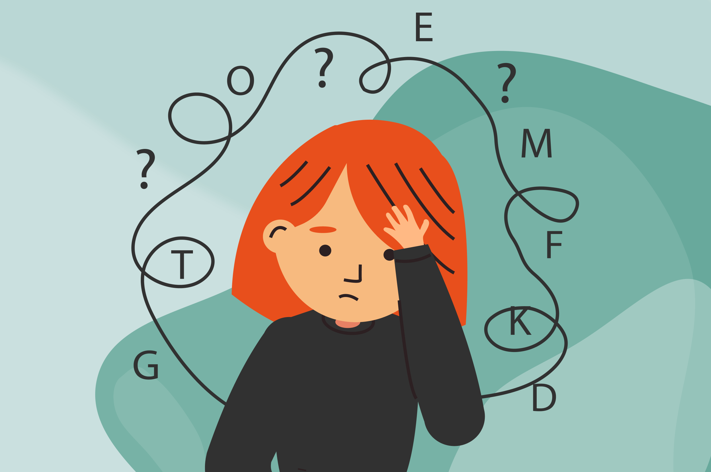 illustration of a person with their hand on their forehead in frustration, there are letters and question marks around their head